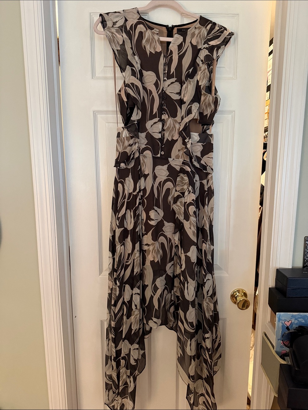 BCBGMaxazria Floral Asymmetrical Sleeveless Dress in Brown and Cream